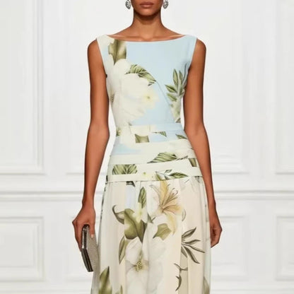 Vintage Lily Floral Color Block Maxi Gown