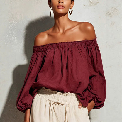 Women Off Shoulder Puff Bubble Sleeve Crinkled Casual Blouse