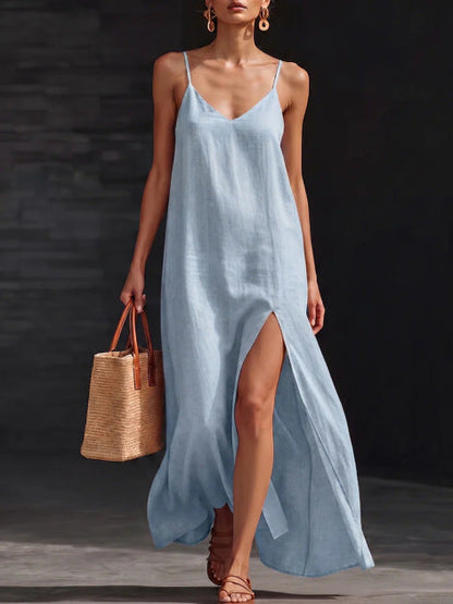 Spaghetti Strap V-Neck High Side Slit Loose Shift Vacation Dress