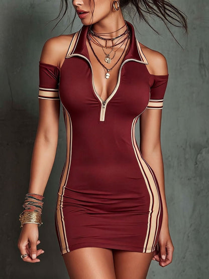 Cold Shoulder Half-Zip Polo Bodycon Mini Dress