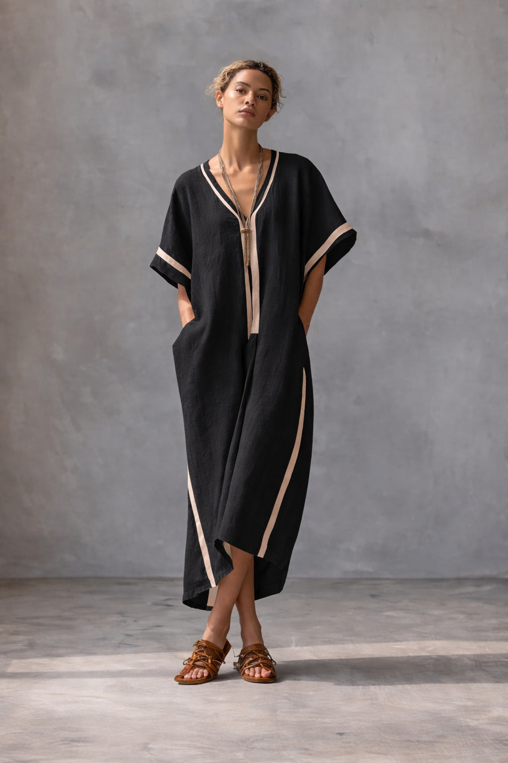 Linen Blend V-Neck Kaftan Dress