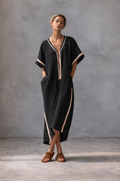 Linen Blend V-Neck Kaftan Dress