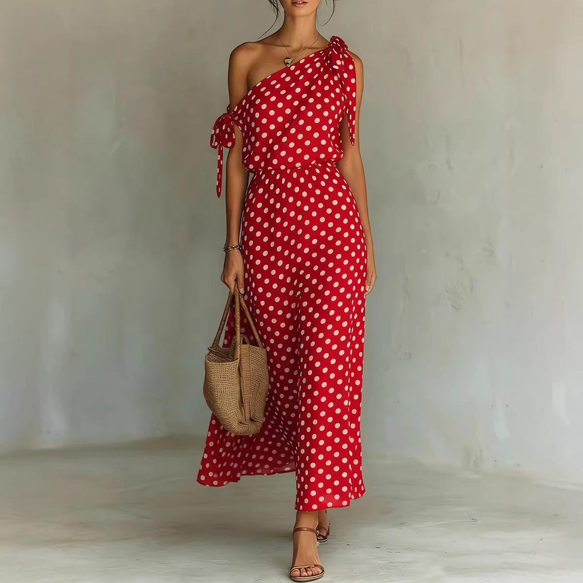 Women's Polka Dot One-Shoulder Maxi Dress