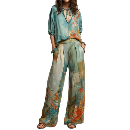 Watercolor Floral Print Two-Piece Linen-Blend Set