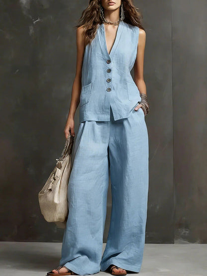Linen Blend Sleeveless Vest & Wide-Leg Pants Set