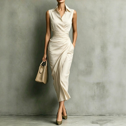 Women's Burgundy Sleeveless Wrap Shirt Midi Dress - Elegant Office & Evening Wear