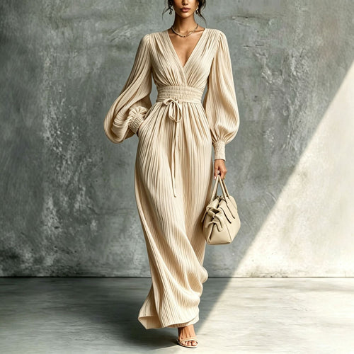 Women's Pleated Surplice V‑Neck Balloon Sleeve Maxi Dress