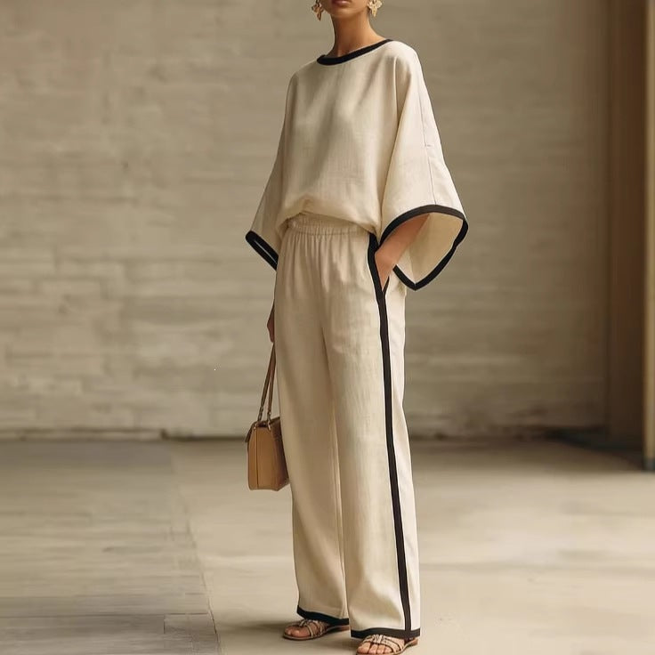 Women'S Elegant Round Neck Loose Bat Sleeves Cotton And Linen Two-Piece Set