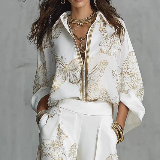 High Waist Wide Leg Pants Two Piece Set, Luxury Satin Elegant Vacation Matching Outfit