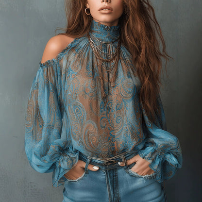 High Neck Ruffle Trim Long Sleeve Chiffon Top