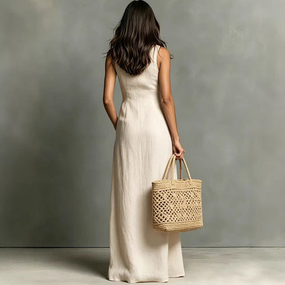 Women's Minimalist Linen-Blend Collared Single-Breasted Sleeveless Maxi Shirt Dress