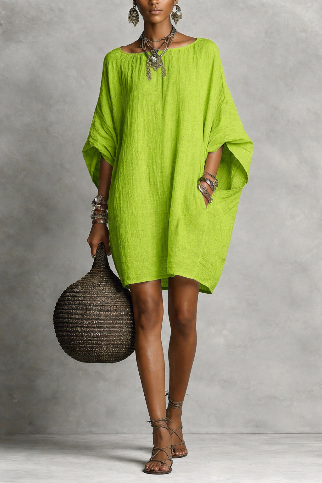 Women's Solid-color round-neck 3/4-sleeve Casual Loose Cotton-linen Dress
