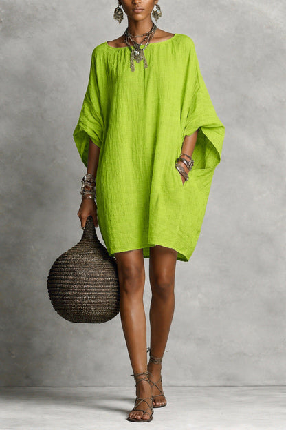 Women's Solid-color round-neck 3/4-sleeve Casual Loose Cotton-linen Dress