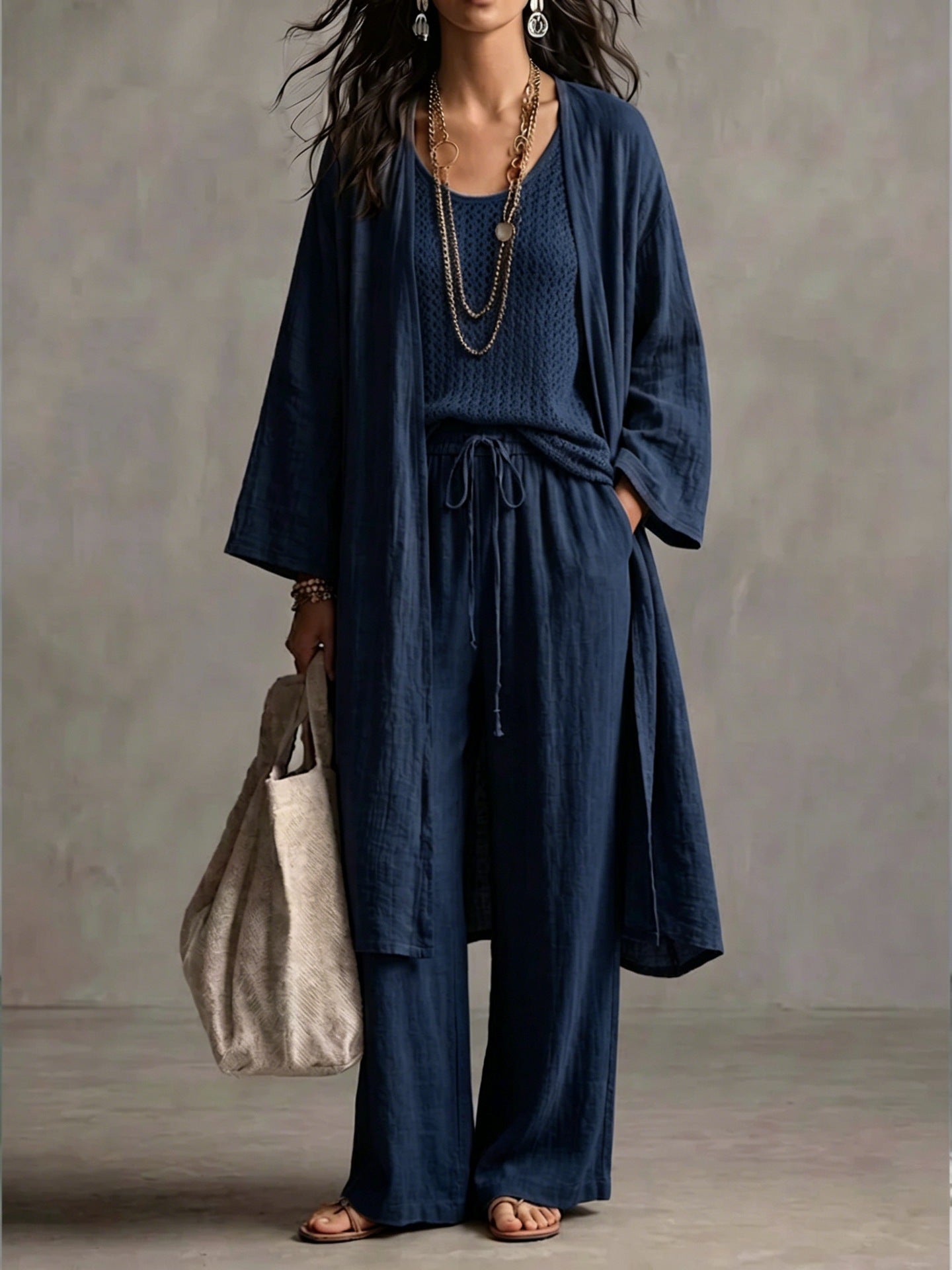 Neutral Beige Linen-Blend Two-Piece Lounge Set