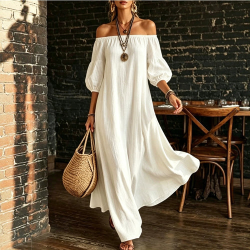 White Off‑Shoulder Balloon Sleeve Flowy Maxi Dress