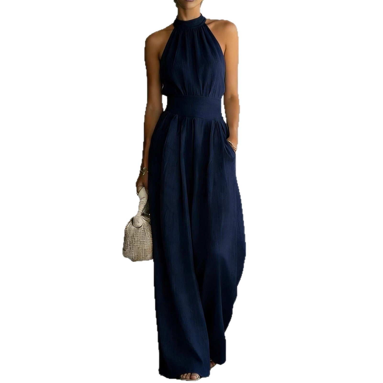Halter Neck Linen-Blend Wide Leg Jumpsuit