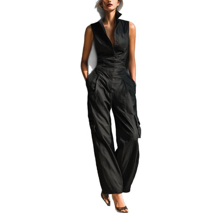 Sleeveless Collar Shirt Cargo Wide Leg Jumpsuit