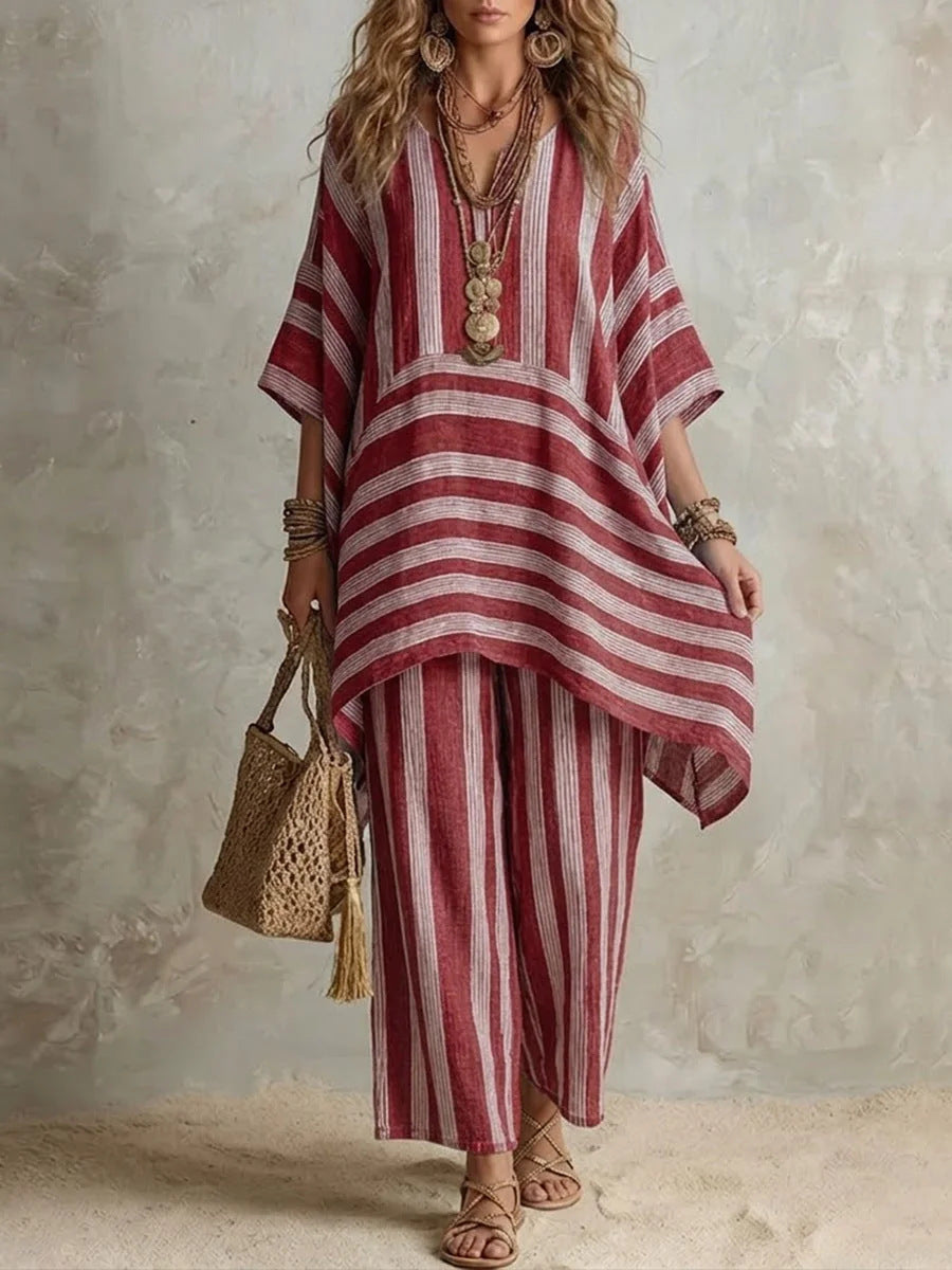 V-Neck Loose Striped Casual Two-Piece Suit