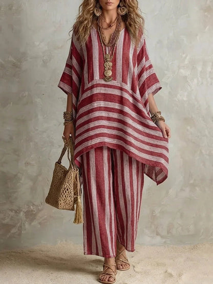 V-Neck Loose Striped Casual Two-Piece Suit