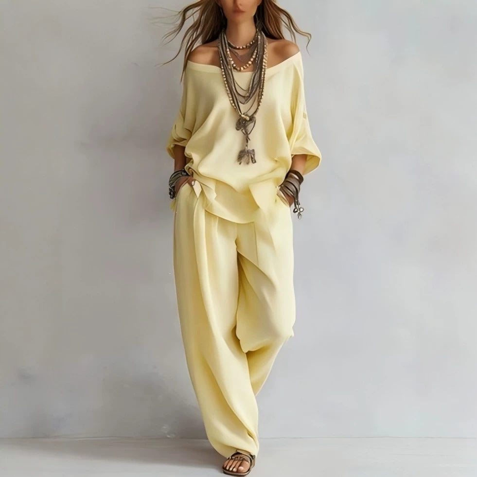 Women'S One-Shoulder Loose Top Wide-Leg Pants Cross-Border Two-Piece Set