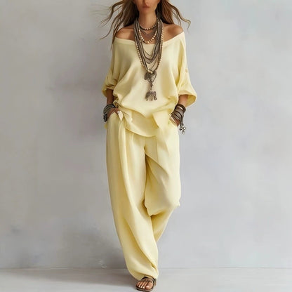 Women'S One-Shoulder Loose Top Wide-Leg Pants Cross-Border Two-Piece Set