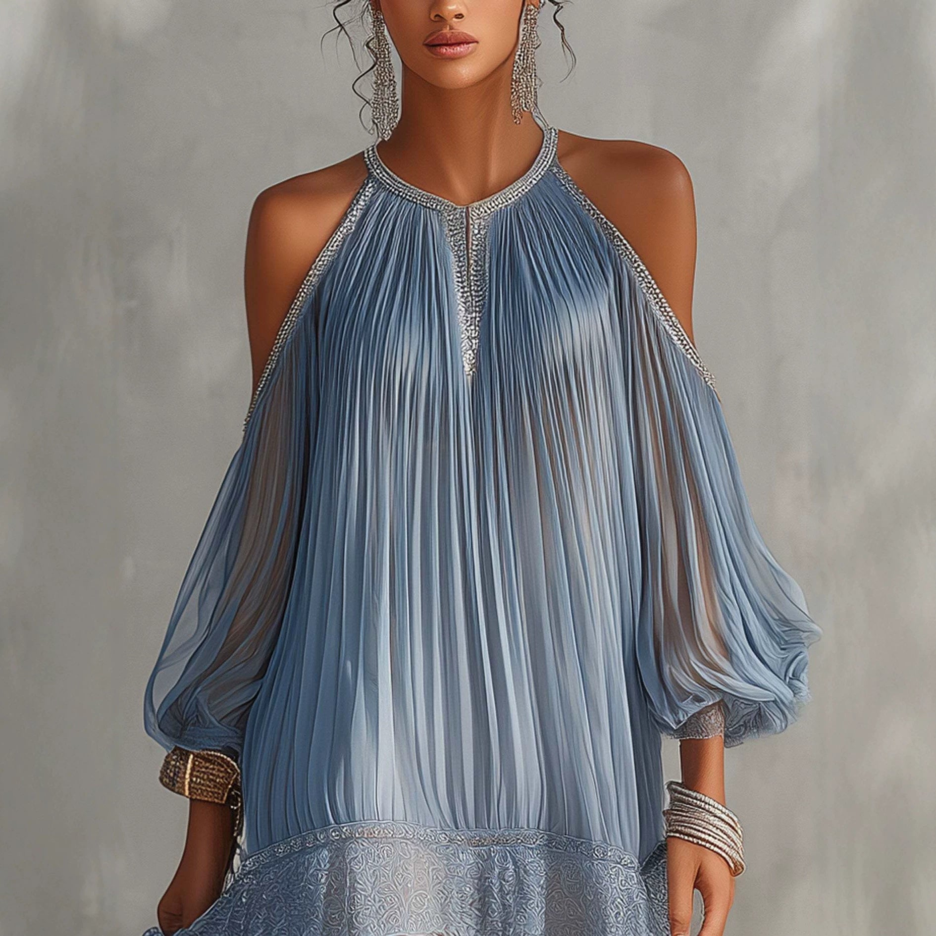 Dusty Blue Pleated Cold Shoulder Mini Dress