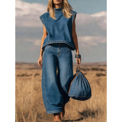 High Waist Wide Leg Jeans Two-Piece Set