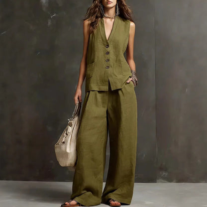 Linen Blend Sleeveless Vest & Wide-Leg Pants Set