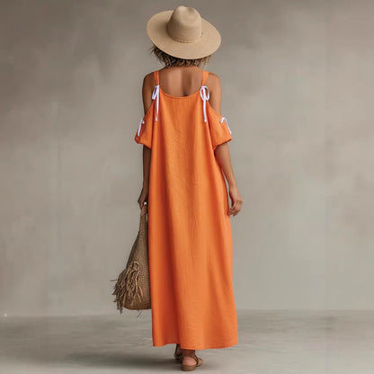 Vibrant Orange Cold-Shoulder High-Low Maxi Dress