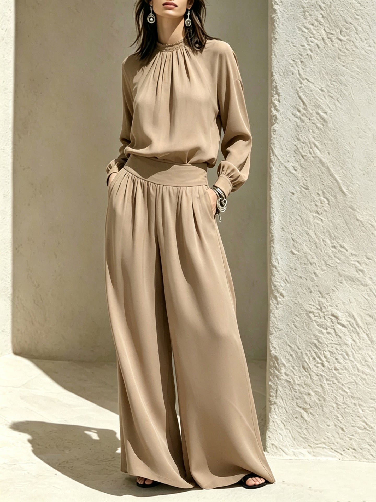 Women's Gathered High‑Neck Blouse & Pleated Wide‑Leg Pants Two‑Piece Set
