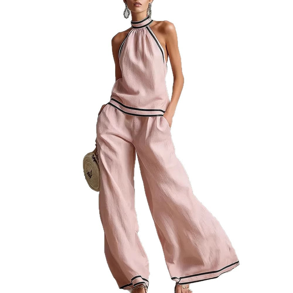 Halterneck Sleeveless Wide-Leg Pants Suit For Women