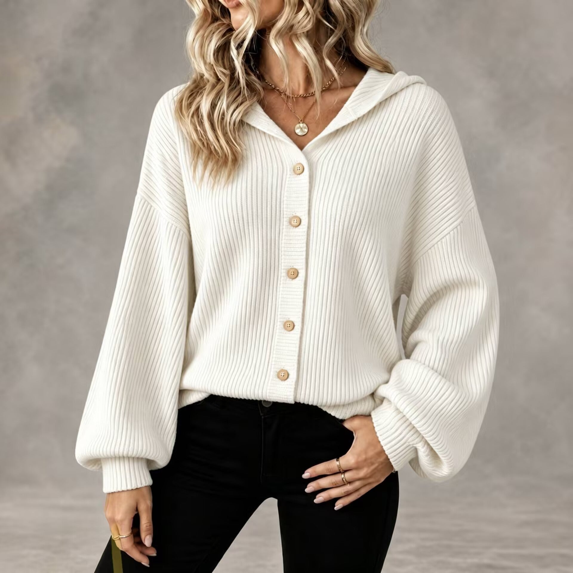 Vertical Rib Knit Hooded Button Down Balloon Sleeve Cardigan