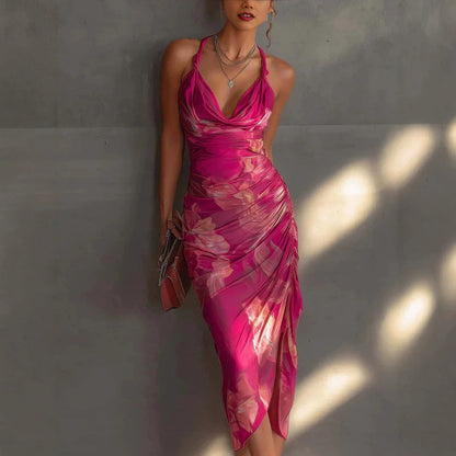 Hot Pink Floral Ruched Halter Midi Dress