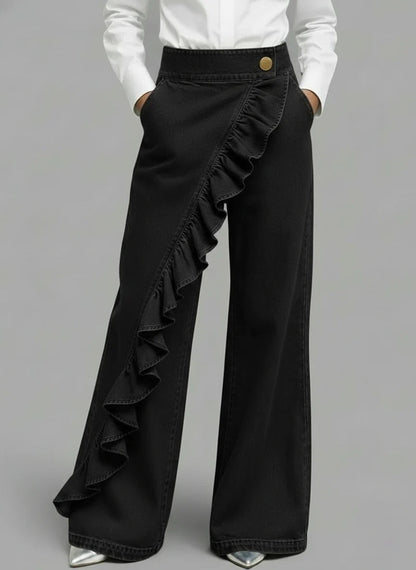 Ruffle Accent High-Waist Wide-Leg Jeans