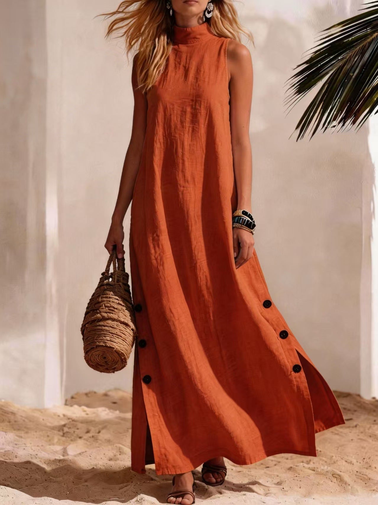 Casual Solid Color Cotton And Linen Sleeveless Side Slit Maxi Dress