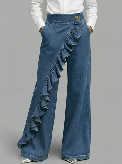 Ruffle Accent High-Waist Wide-Leg Jeans