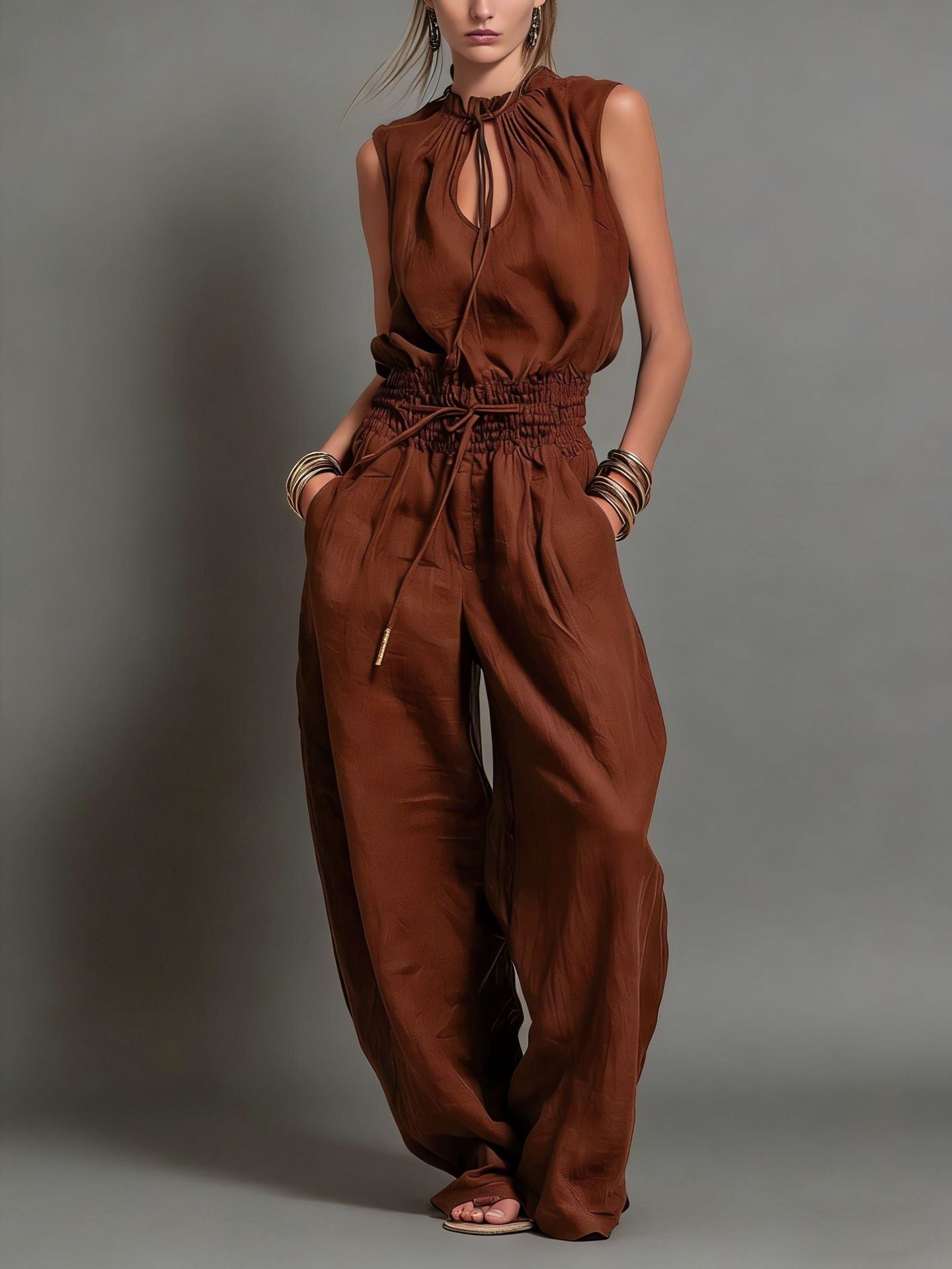 Beige Linen-Blend Smocked-Waist Jumpsuit