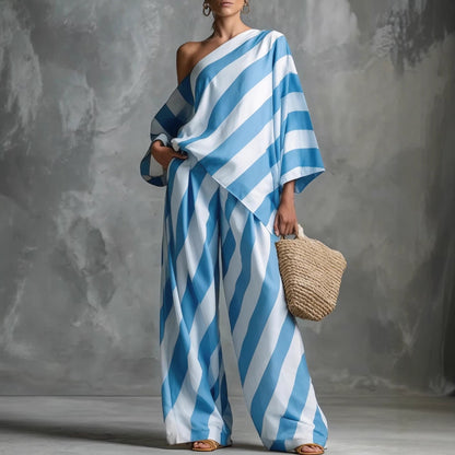 Striped Asymmetric Top & Wide-Leg Pants Set