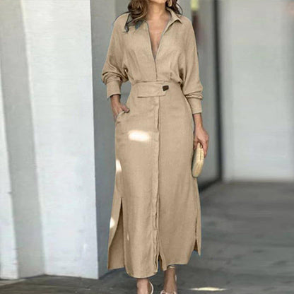 Collared Waist‑Tab Shirt Maxi Dress