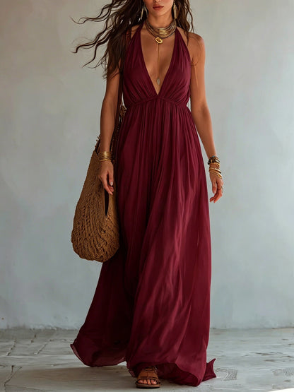 Halter Deep V Gathered Empire Waist Flowy Chiffon Maxi Dress
