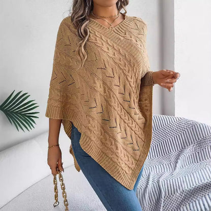 Cable Knit Hollow Out V-Neck Poncho Sweater Cape