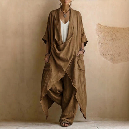Casual Bohemian Style Suit Consists Of Two Pieces, A Long Linen Cotton Top And Trousers