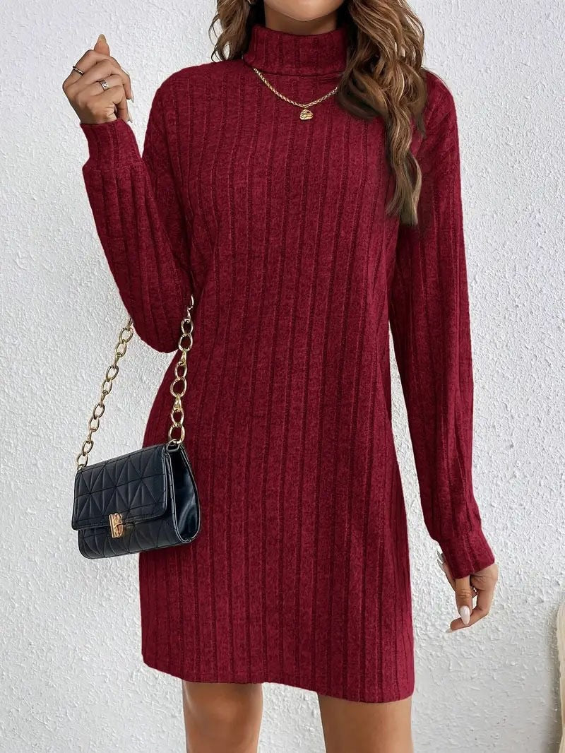 Women's Turtleneck Vertical Ribbed Knit Midi Dress