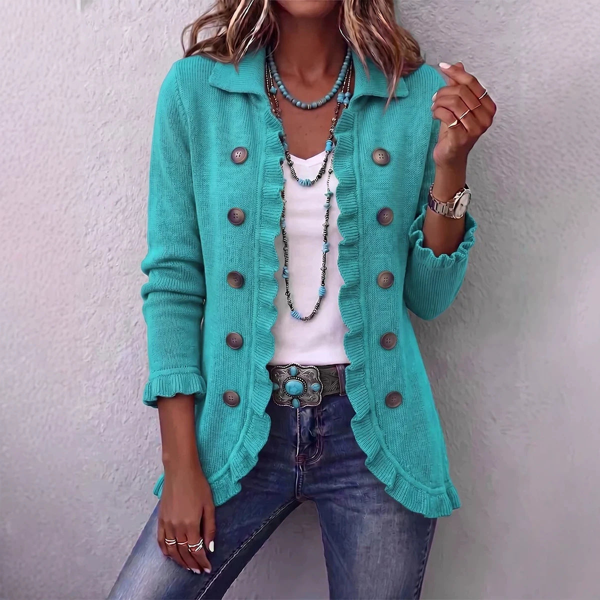 Lapel Ruffle Trim Double‑Breasted Long Sleeve Open Front Knit Cardigan Jacket