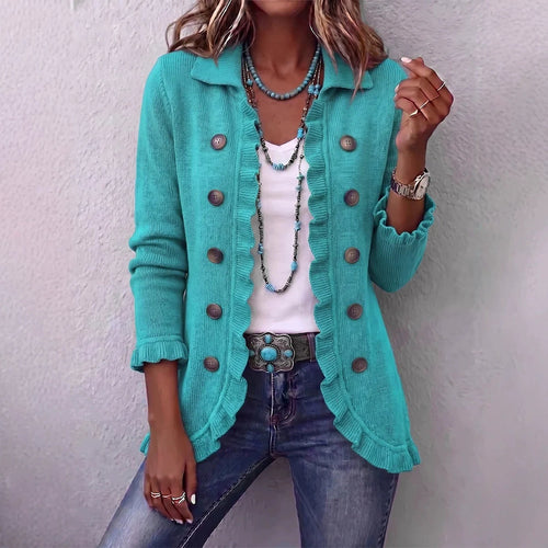 Lapel Ruffle Trim Double‑Breasted Long Sleeve Open Front Knit Cardigan Jacket