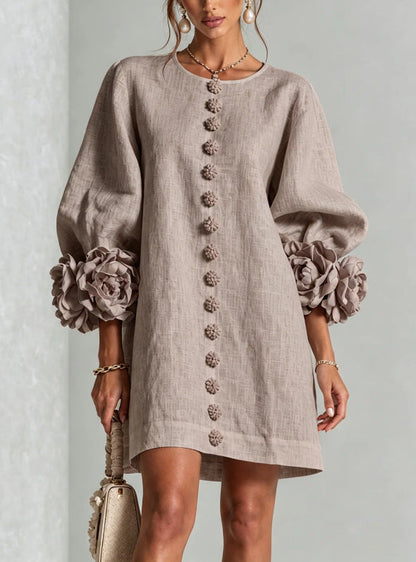 Blush Pink Fabric Floral Appliqué Balloon‑Sleeve Shift Mini Dress