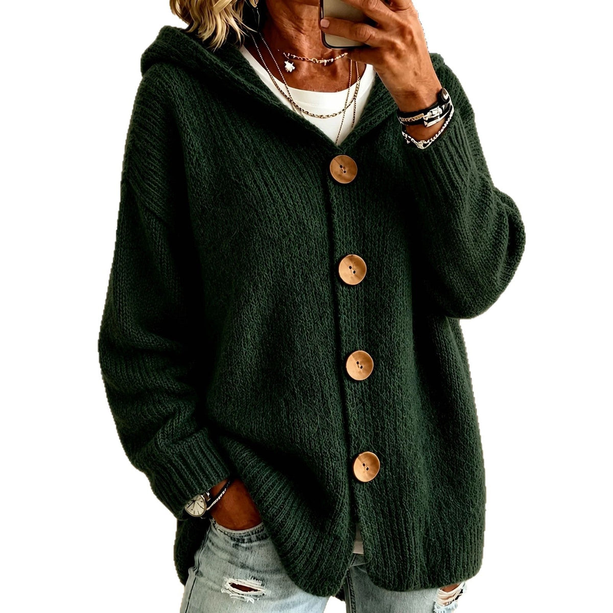 Oversized Hooded Button‑Front Long Sleeve Loose Fit Knit Cardigan With Pockets