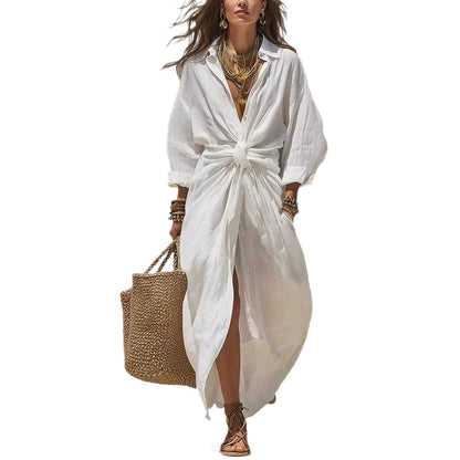 Women'S Solid Color Shirt Collar Single-Breasted Pocket Cardigan Long-Sleeved Casual Dress