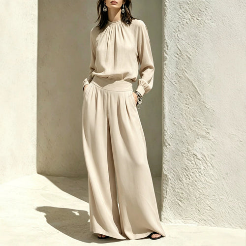 Women's Gathered High‑Neck Blouse & Pleated Wide‑Leg Pants Two‑Piece Set