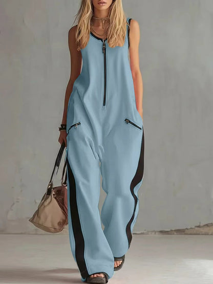 Women's Contrast Color Sleeveless Jumpsuit - Sporty Wide Leg with Zipper Detail (S-2XL)